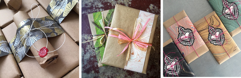 gift wrap examples with Kraft paper, wax seal, and decorative band