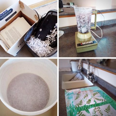 At home paper making process- paper shredding, blending, pulp, paper with ferns