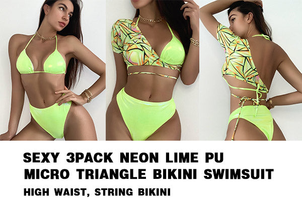 SEXY 3PACK NEON LIME PU MICRO TRIANGLE BIKINI SWIMSUIT