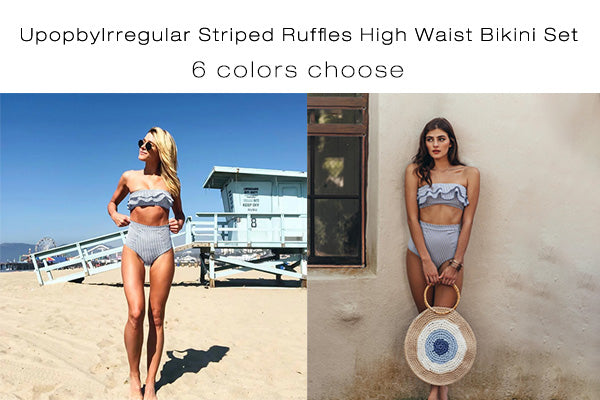 Upopby Irregular Striped Ruffles High Waist Bikini Set