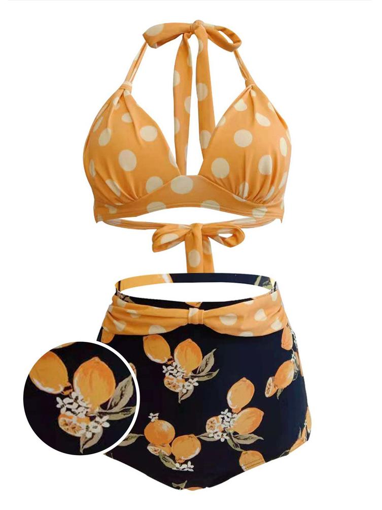 Upopby lemon polka dot halter bikini set