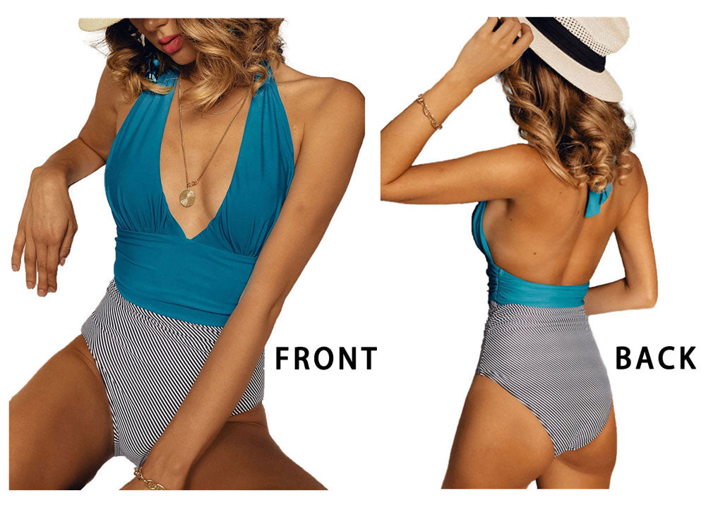 V neck block color one-piece swimsuit overview