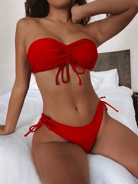 red bikini set bandeau microkini