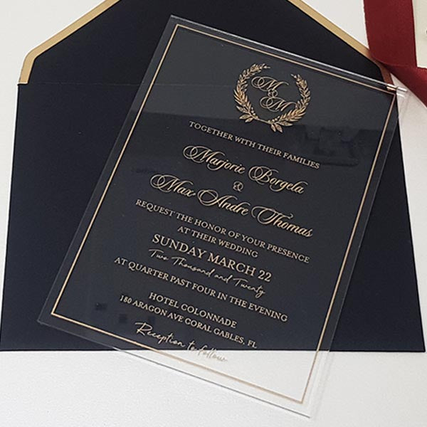 Modern Clear Rigid Wedding Acrylic Invitation with Gold Ink