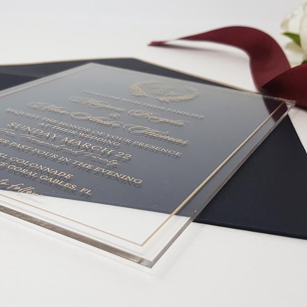 Modern Clear Rigid Wedding Acrylic Invitation with Gold Ink