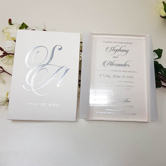 White & Silver Boxed Acrylic Invitation AI-111