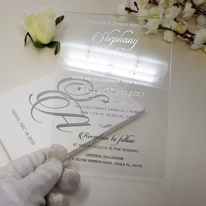 White & Silver Boxed Acrylic Invitation AI-111