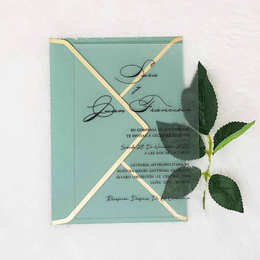 Frosted Acrylic Wedding Invitations with Black Ink and Saga Green Envelopes