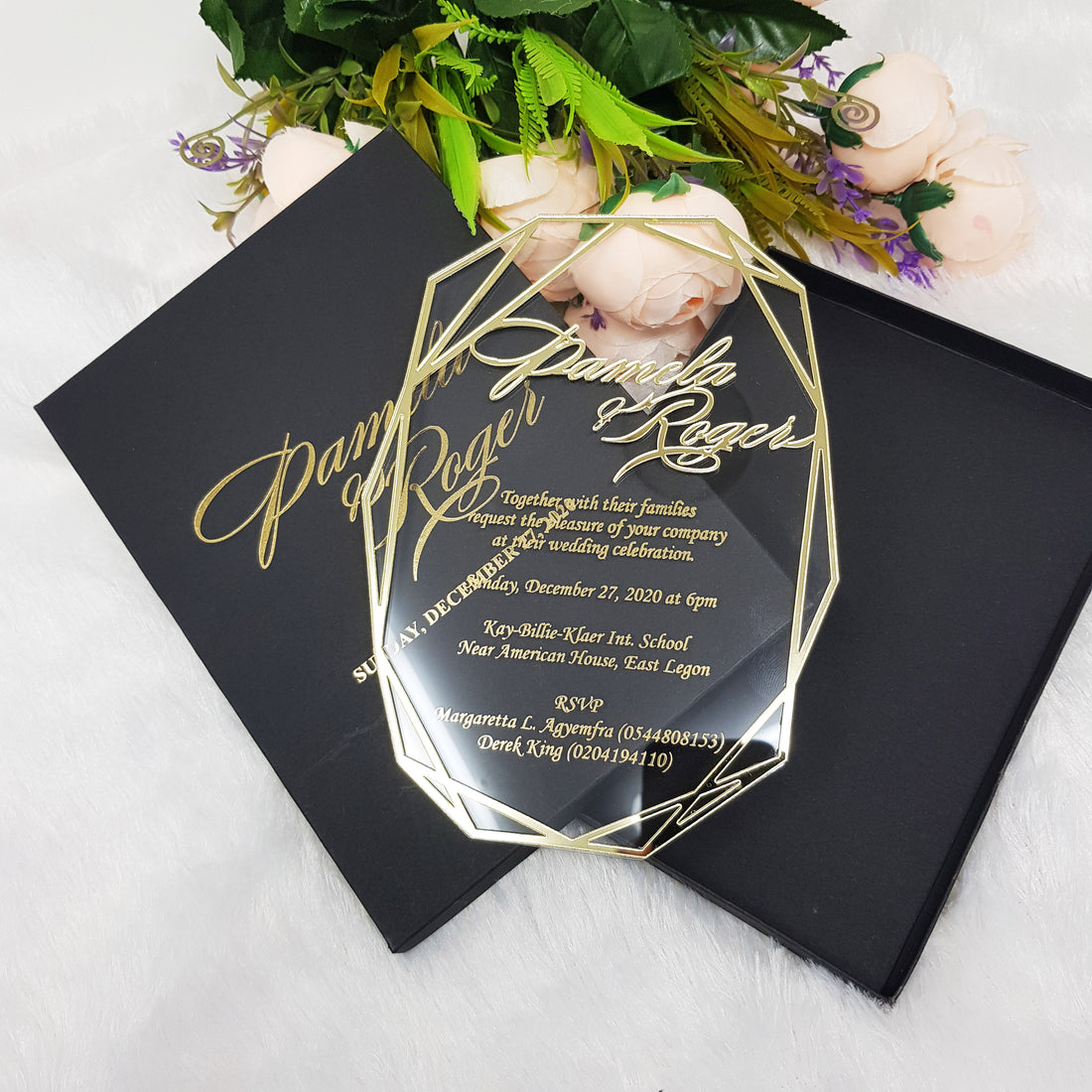 Luxury Geometric Acrylic Wedding Invitation with 3D Gold Frame