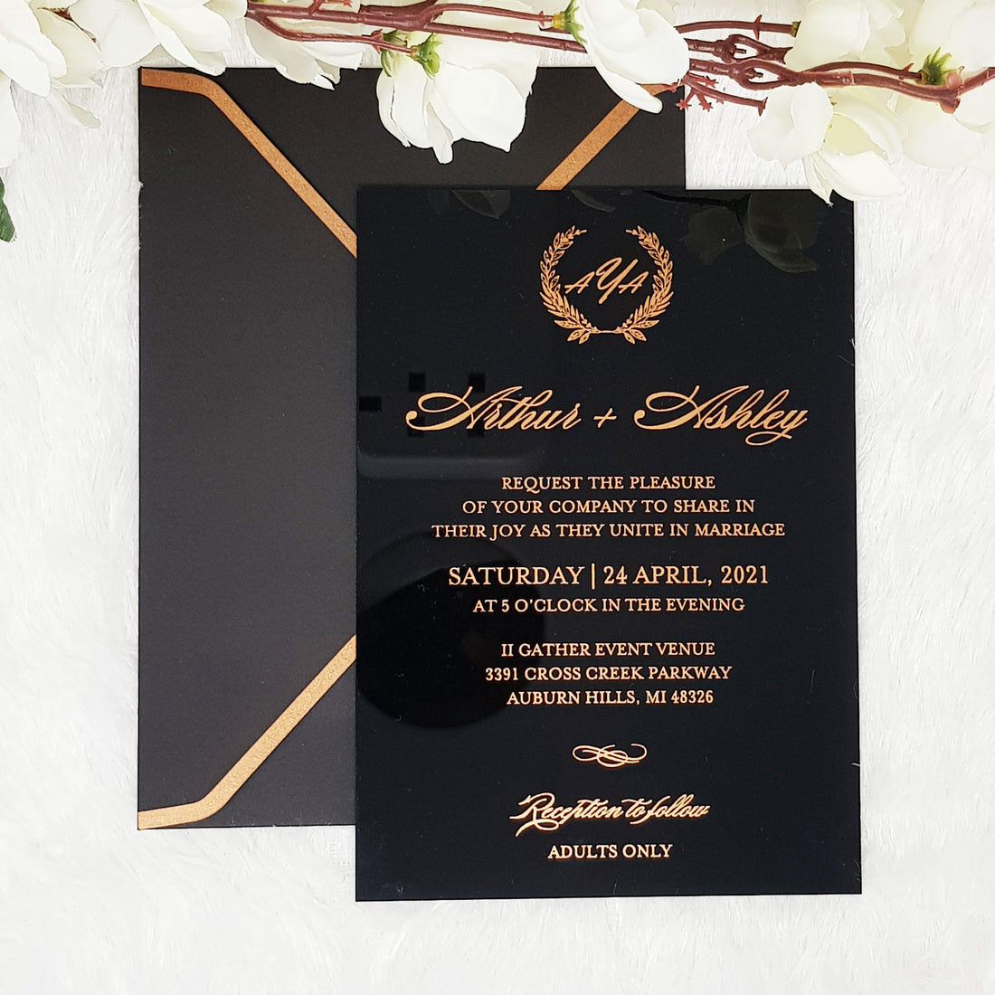 Black & Rose Gold Gorgeous Wedding Invitations with Vellum Wrap and Wax Seal