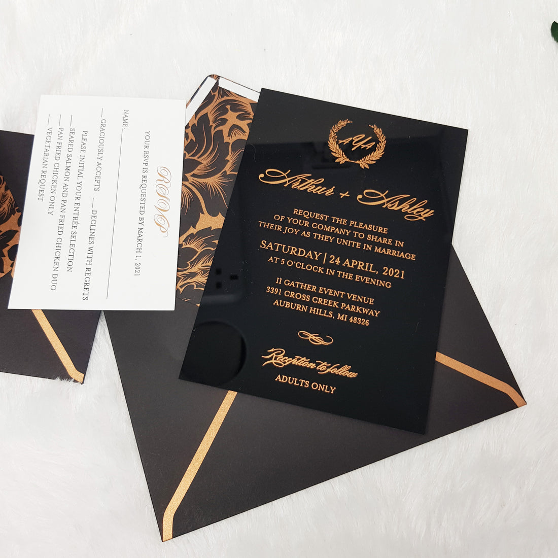 Black & Rose Gold Gorgeous Wedding Invitations with Vellum Wrap and Wax Seal