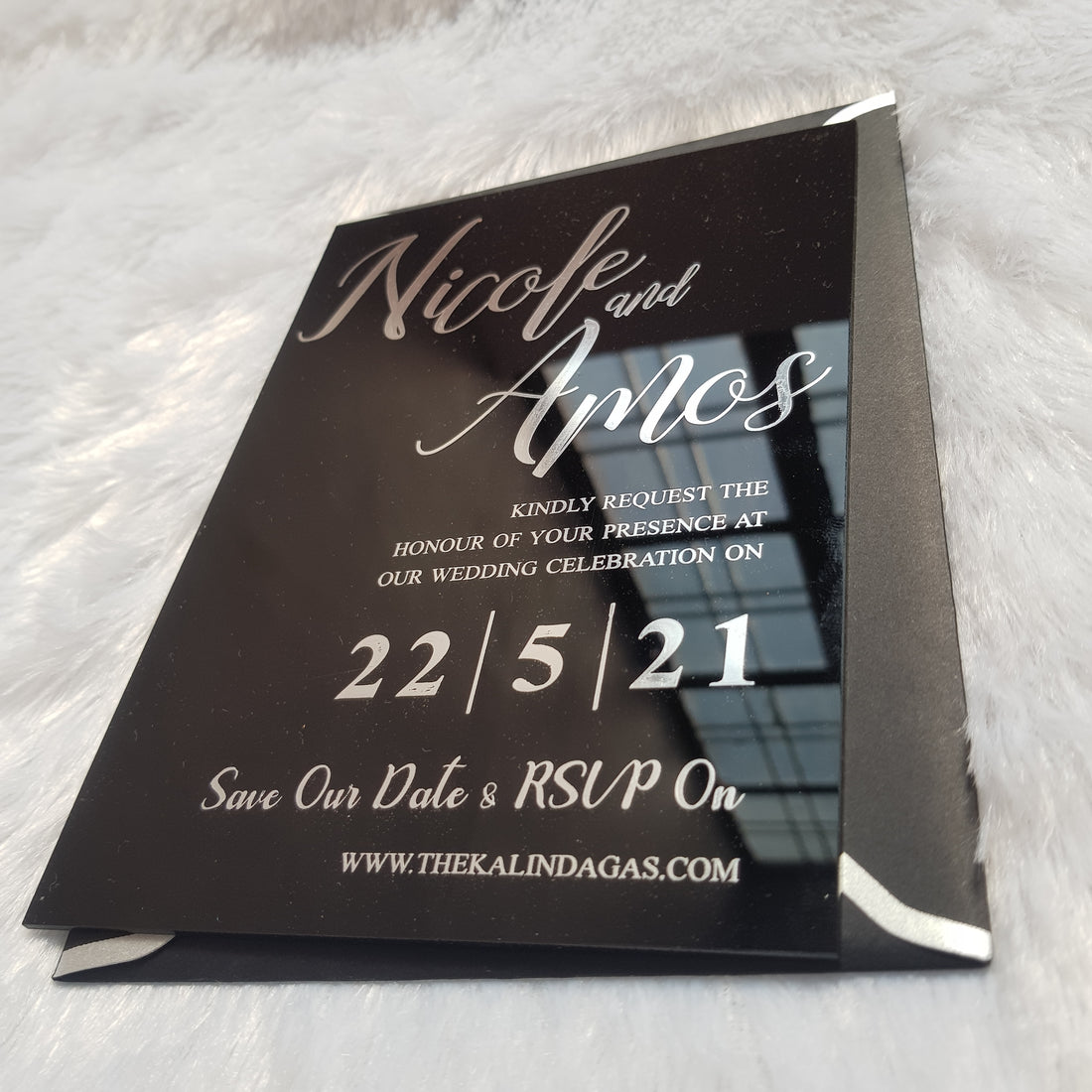 Black Acrylic Wedding Invitation with Real Silver Foil