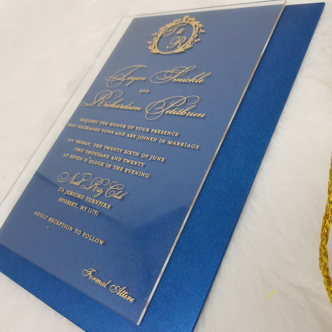 Luxury Clear and Gold Wedding Invitation with Blue Envelopes