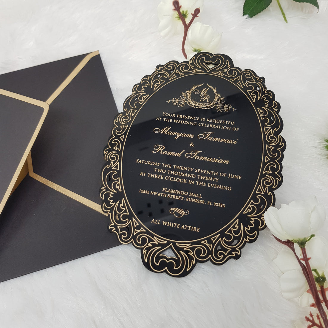 Vintage Black Acrylic Invite with Gold Print AI-115