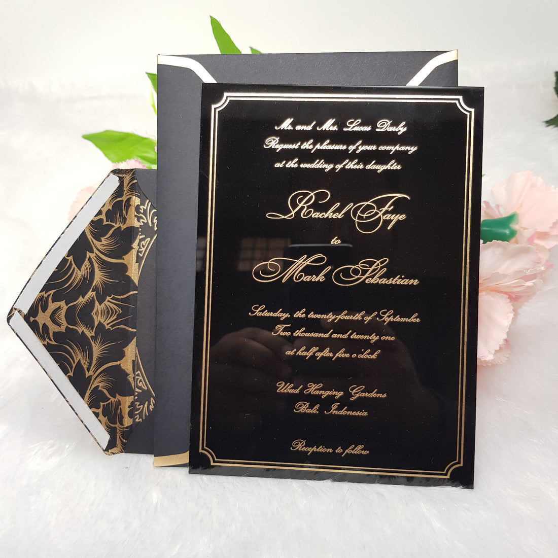 Black Envelope Invitation for Wedding with Gold Border