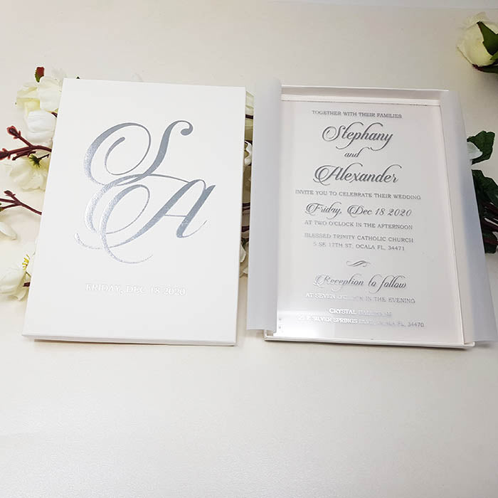 White & Silver Boxed Acrylic Invitation AI-111