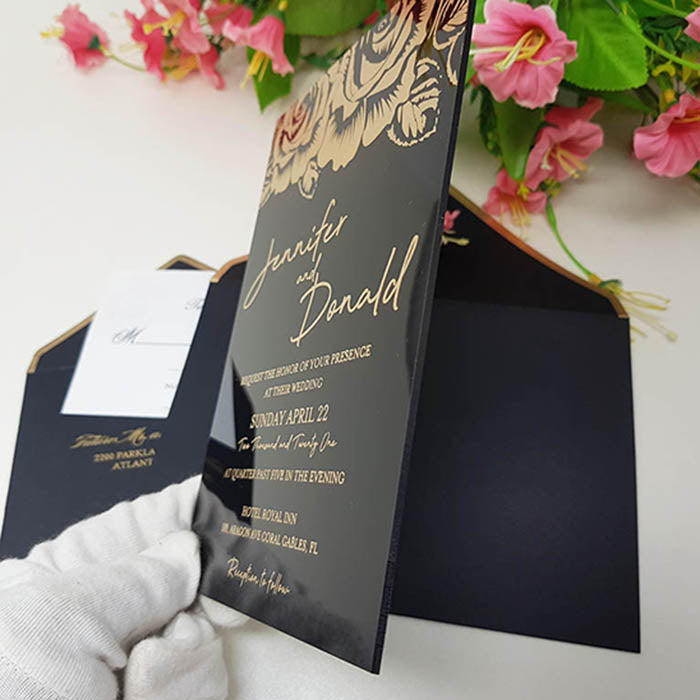 Black Rigid Acrylic Wedding Invitation with Rose Designs