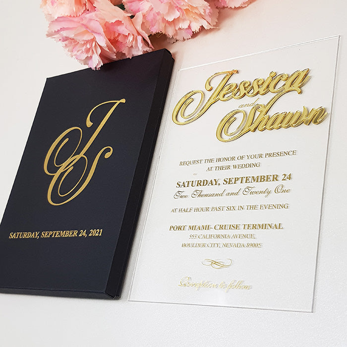 Regal Boxed Custom Acrylic Invitation with 3D Gold Names