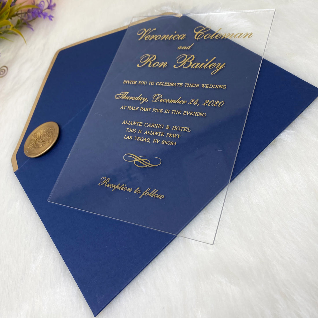 Custom Clear Acrylic Wedding Invitation with Navy Envelopes, Wrapped in Vellum Paper with a Vintage Gold Wax seal, Wedding Invitations