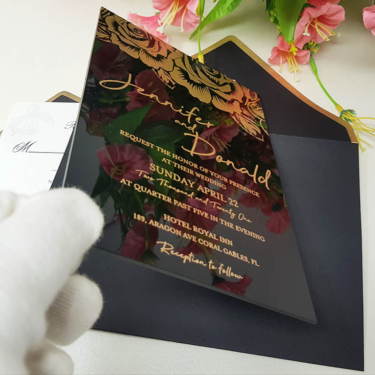 Black Rigid Acrylic Wedding Invitation with Rose Designs