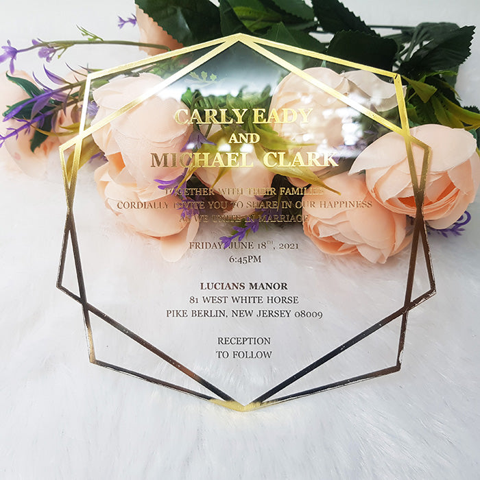 Hexagon Shape Acrylic Foil Printed Invitation