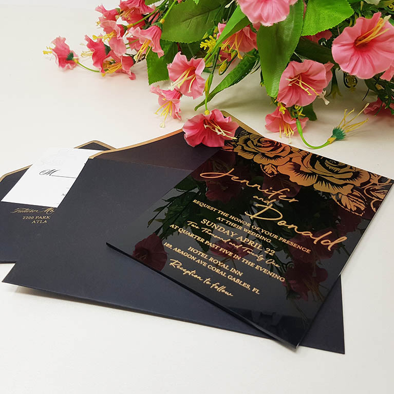 Black Rigid Acrylic Wedding Invitation with Rose Designs