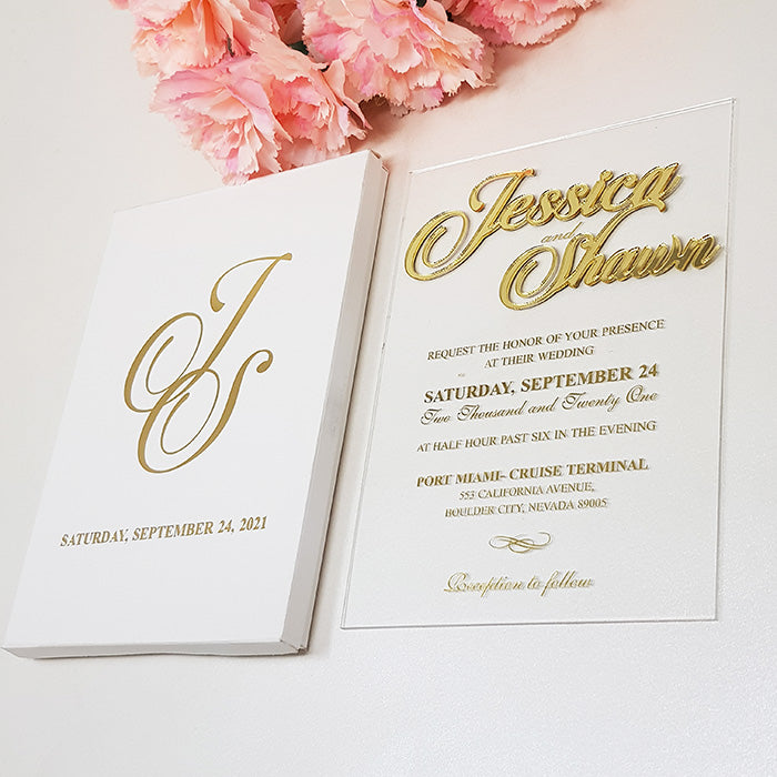 Handmade Custom Box Wedding Invitation with 3D Gold Names