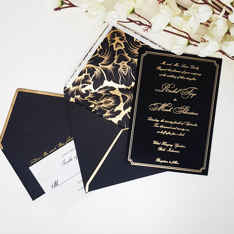 Black Envelope Invitation for Wedding with Gold Border