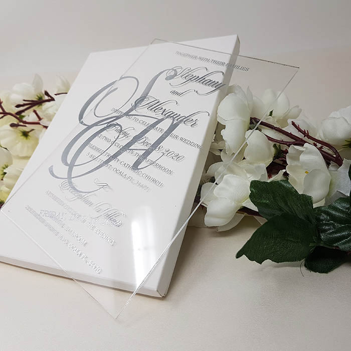 White & Silver Boxed Acrylic Invitation AI-111