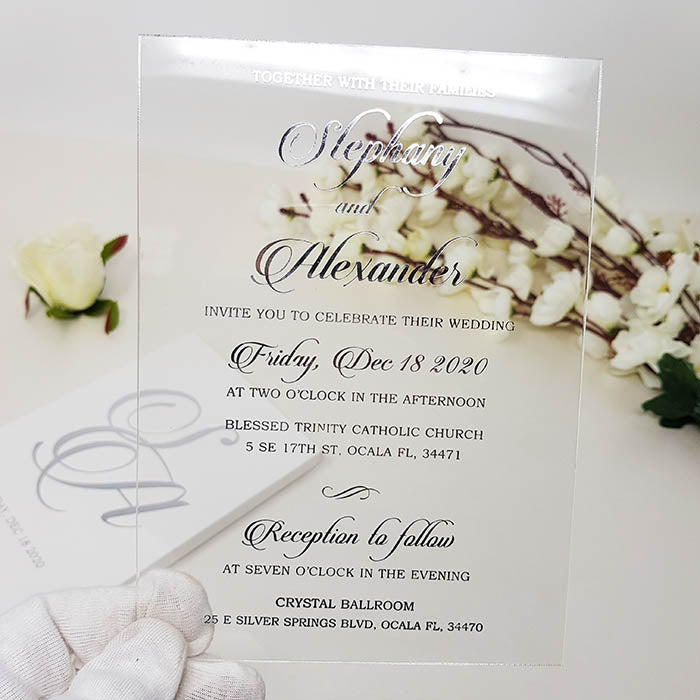 White & Silver Boxed Acrylic Invitation AI-111