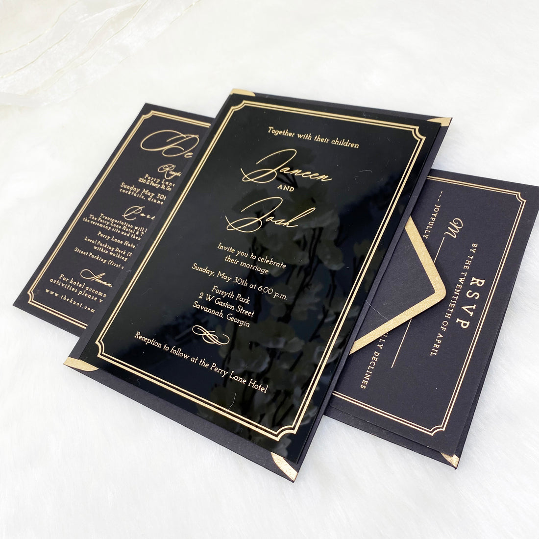 Golden Border Black Plexiglass Wedding Invitation YWI-7006