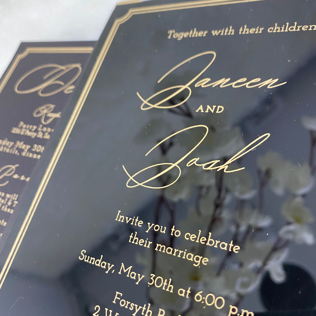 Golden Border Black Plexiglass Wedding Invitation YWI-7006