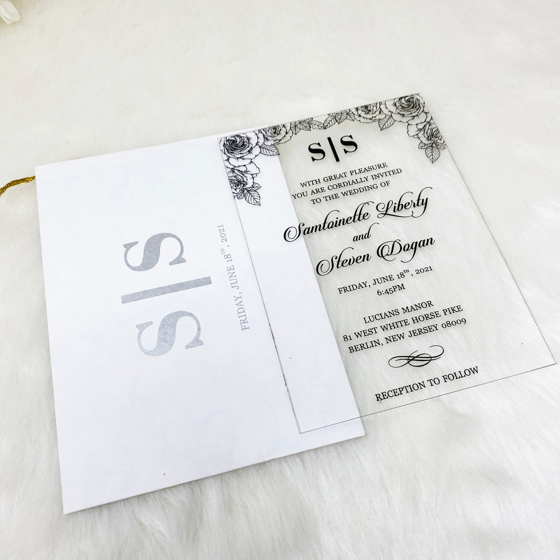 Beautiful Clear Plexi Glass Invitation with Silver & Black Ink YWI-7008