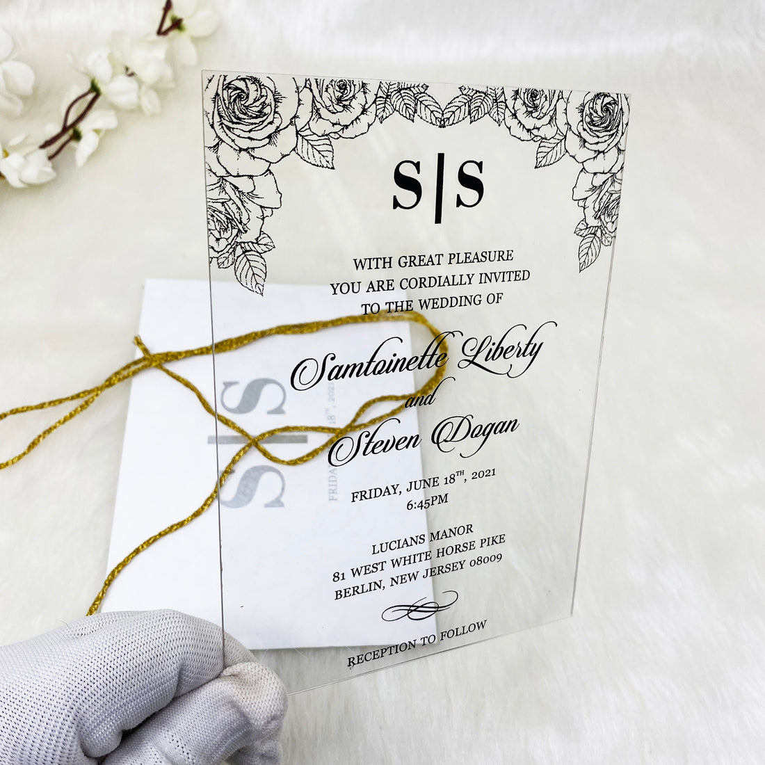 Beautiful Clear Plexi Glass Invitation with Silver & Black Ink YWI-7008