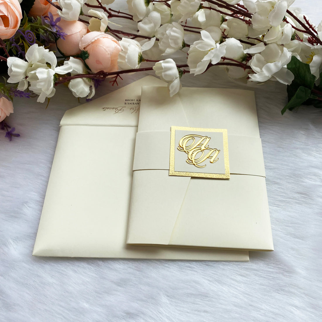 Ivory & Gold Pocket Fold Plexiglass Invitation YWI-7007