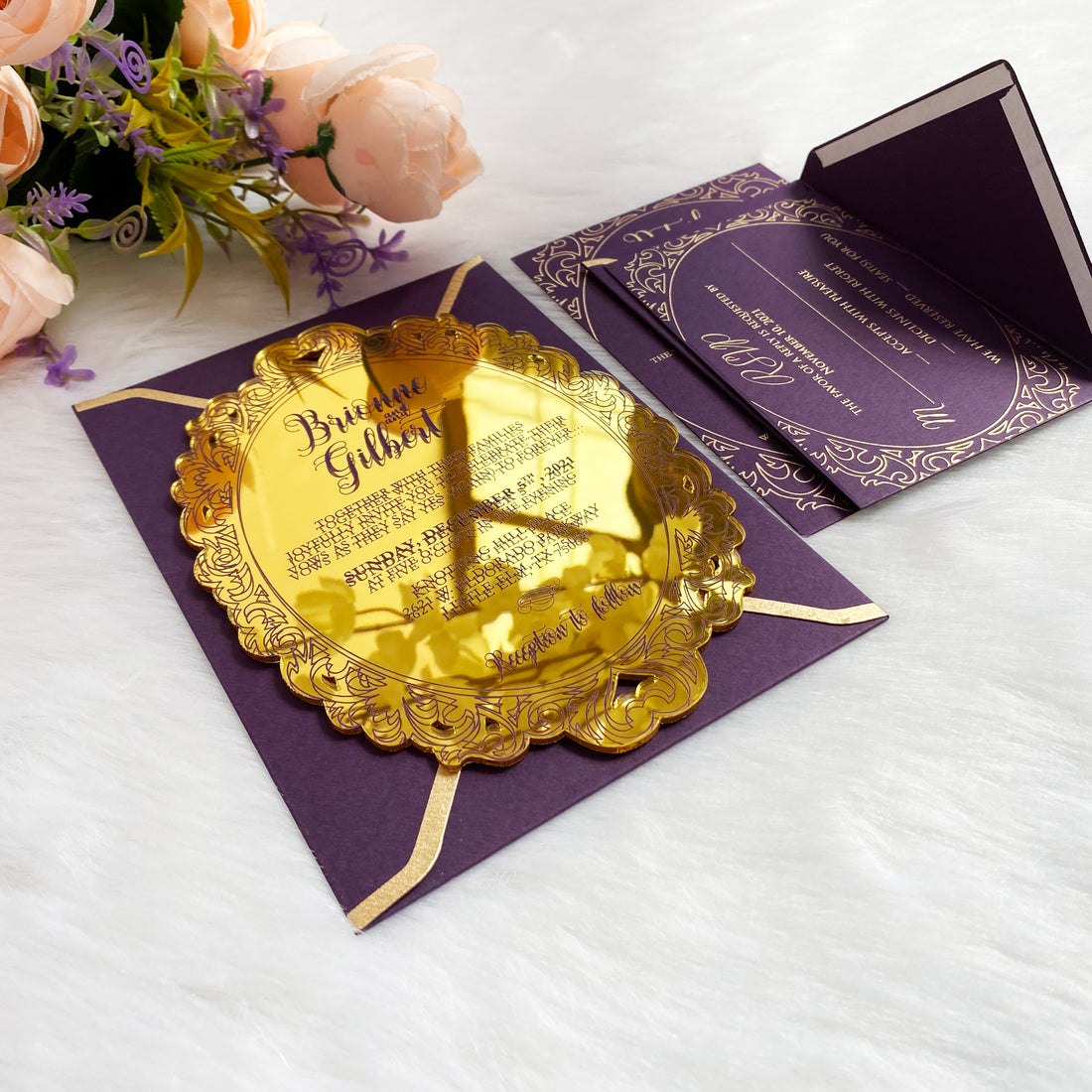 Opaque Love Gold Mirror Invitation with Eggplant Color Envelopes YWI-7009