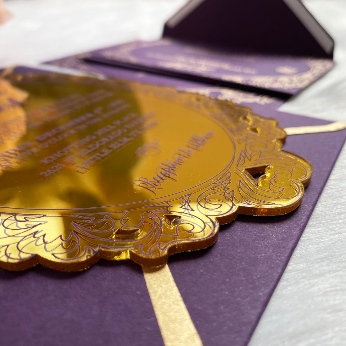 Opaque Love Gold Mirror Invitation with Eggplant Color Envelopes YWI-7009