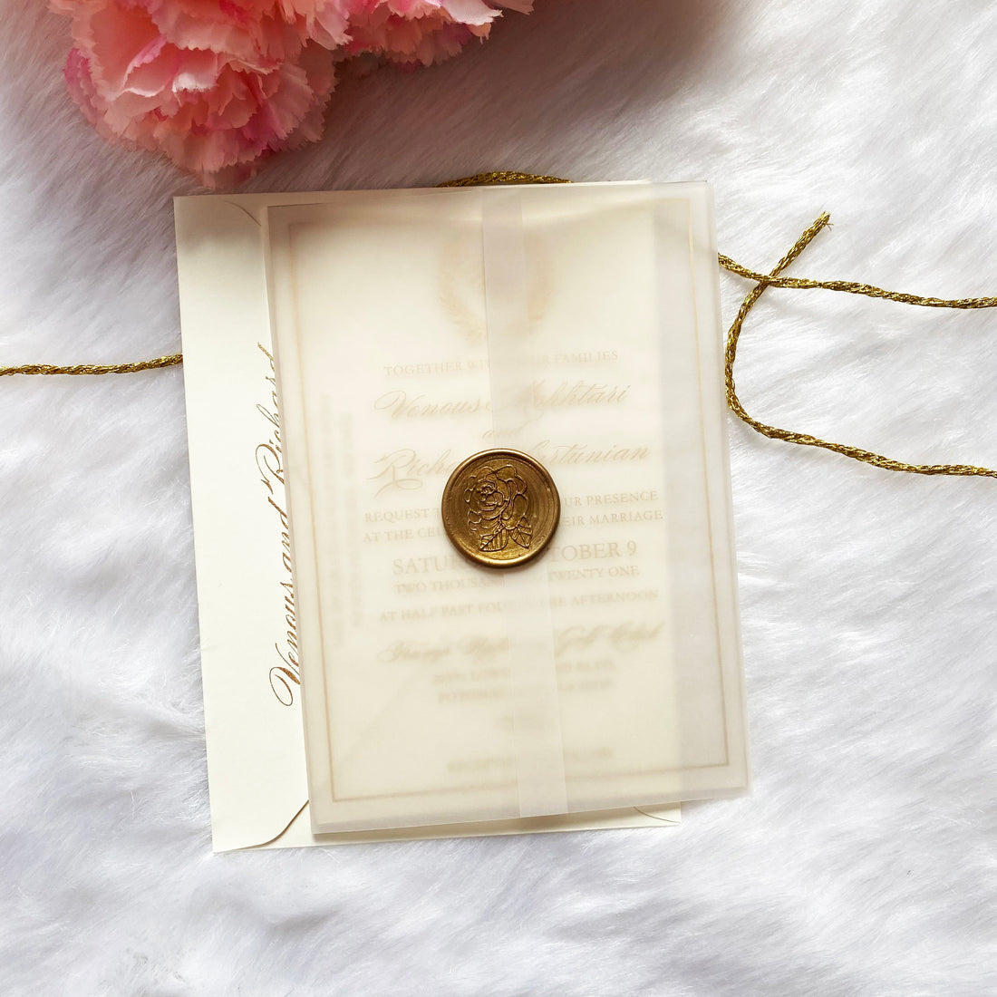 Budget Clear Invitation with Golden Wrath and Ivory Envelopes YWI-7017