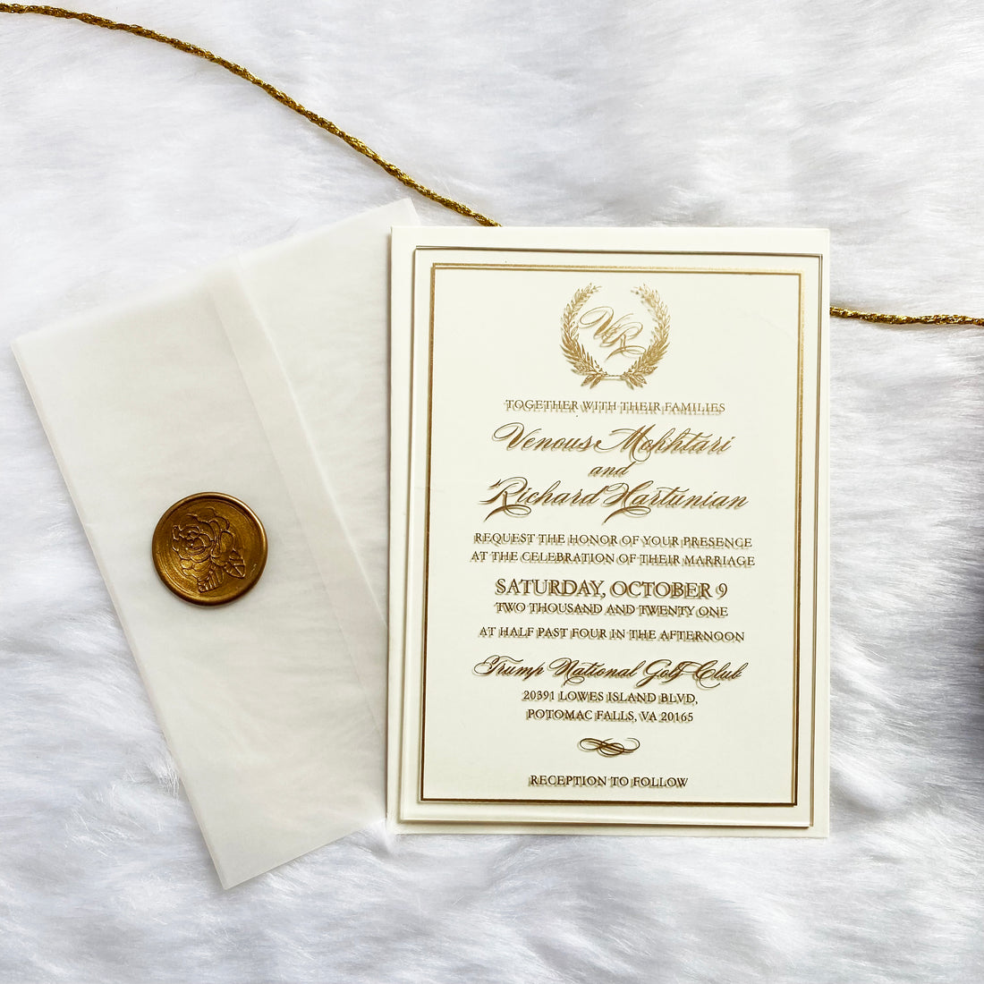 Budget Clear Invitation with Golden Wrath and Ivory Envelopes YWI-7017