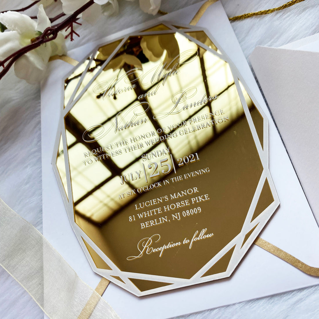 Glamorous White & Nude Gold Mirror Invitation with White Ink YWI-7017