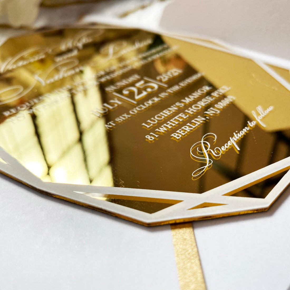 Glamorous White & Nude Gold Mirror Invitation with White Ink YWI-7017