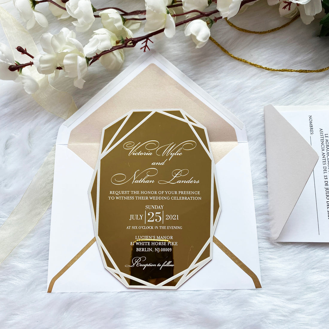 Glamorous White & Nude Gold Mirror Invitation with White Ink YWI-7017