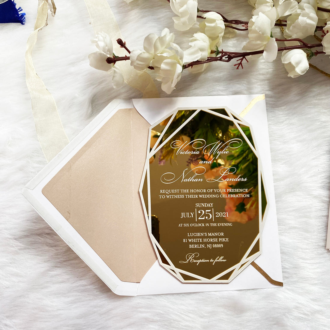 Glamorous White & Nude Gold Mirror Invitation with White Ink YWI-7017