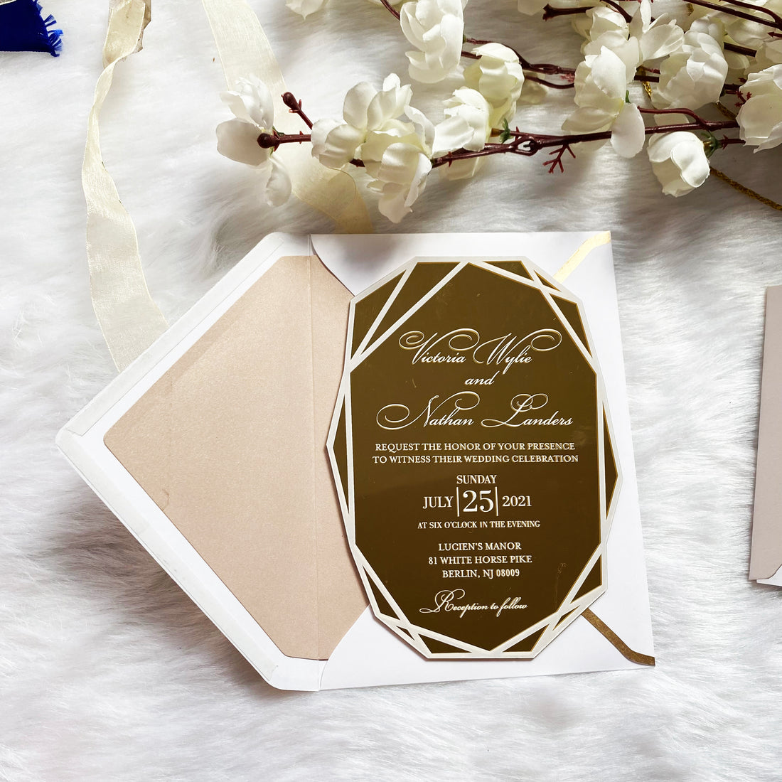 Glamorous White & Nude Gold Mirror Invitation with White Ink YWI-7017