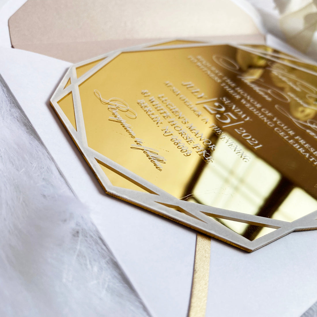 Glamorous White & Nude Gold Mirror Invitation with White Ink YWI-7017