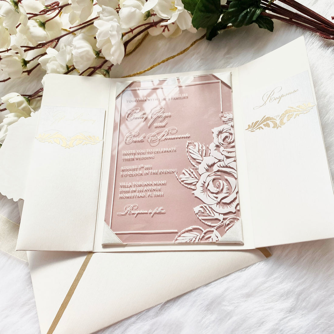 White and Dusty Rose Color Door Style Acrylic Invitations YWI-7015