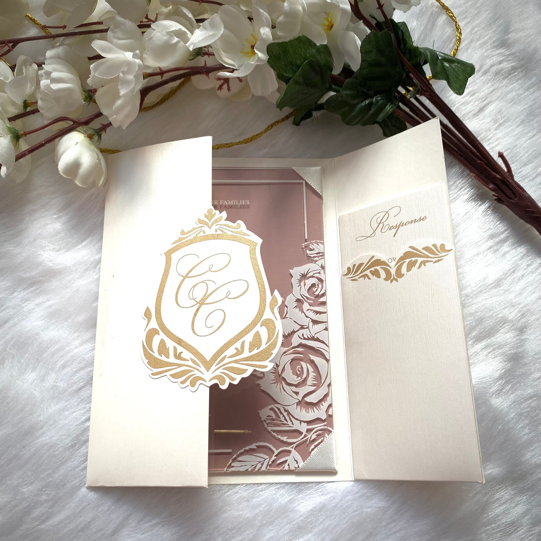 White and Dusty Rose Color Door Style Acrylic Invitations YWI-7015