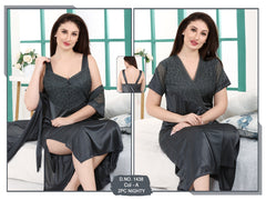 Tee Dot Silk 2-Pieces Bridal Nightwear With Gown For Girls & Women - Grey