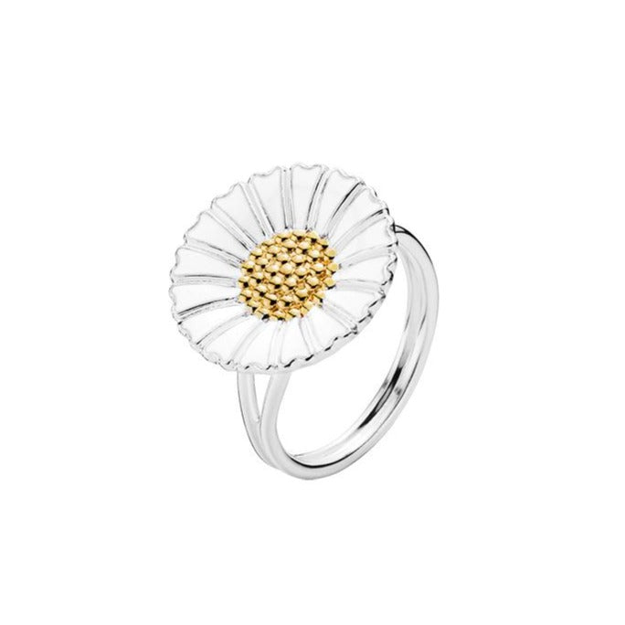 Marguerit ring i sølv og hvid emalje og forgyldt midte 18mm blomst (925)