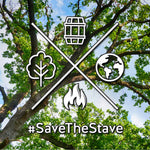 Oak tree in the background with an X and tree, barrel, earth and fire icons around the X and #SaveTheStave
